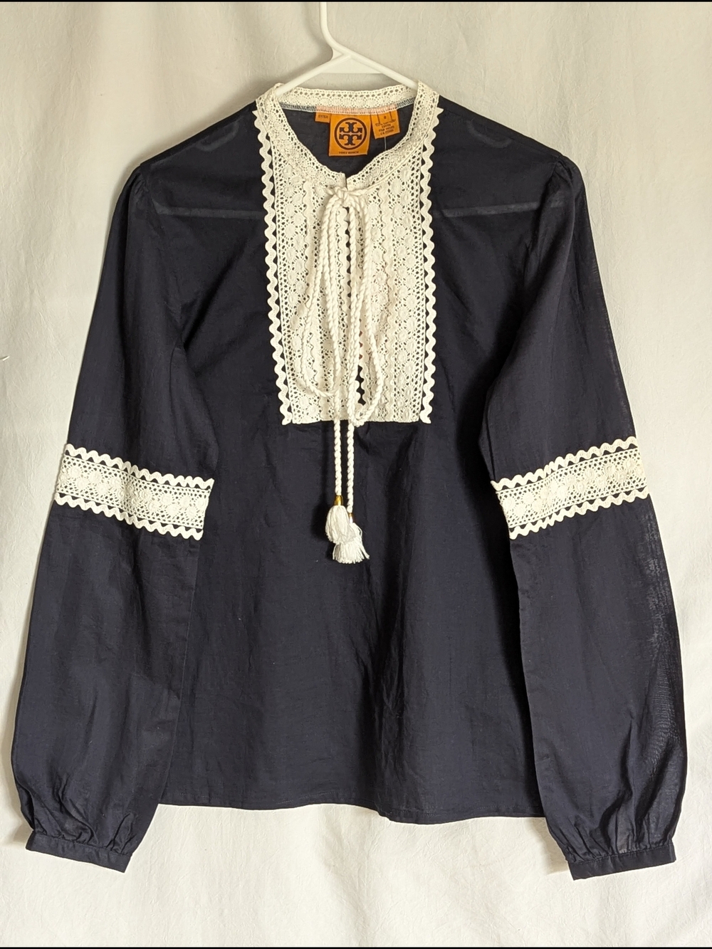 Tory Burch Navy Blouse with White Lace Bib and Tassels New Size 8